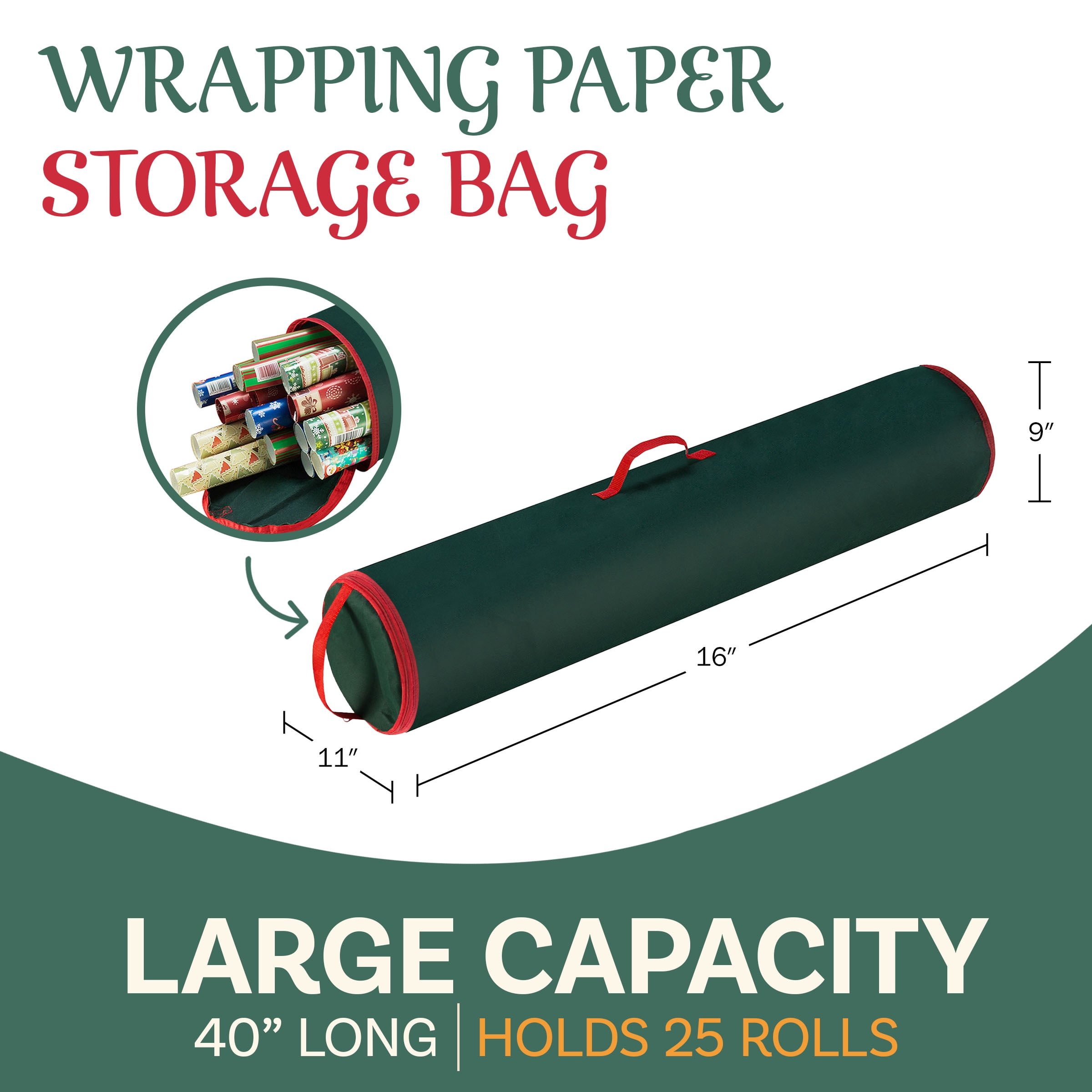 40-Inch Wrapping Paper Storage Bag for Up to 25 Rolls, Green