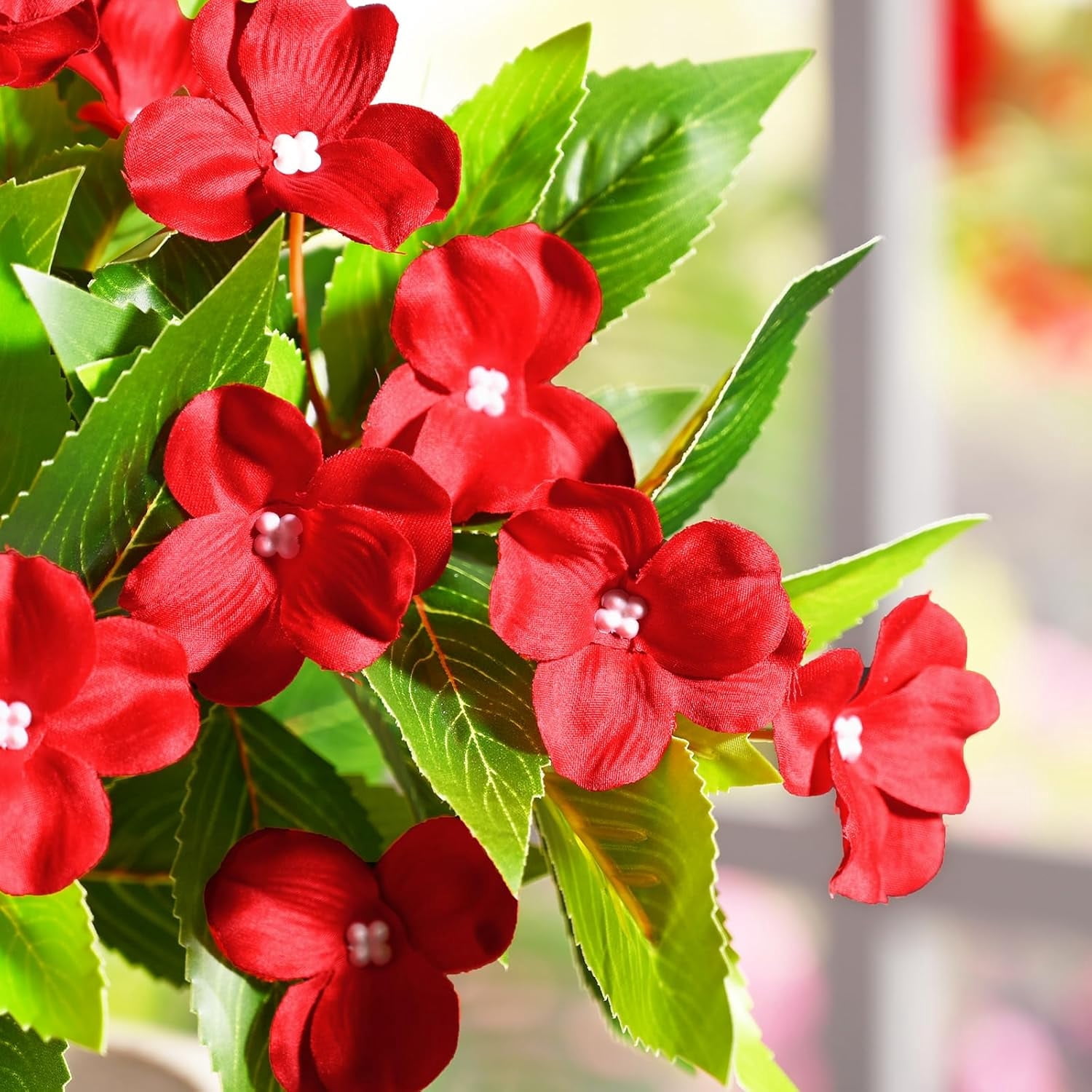 Yastouay 10 Pcs Artificial Flowers for Outdoors ,UV Resistant Faux Impatiens for Outdoor Planters,Red Silk Flowers for Front Door Porch Decorations