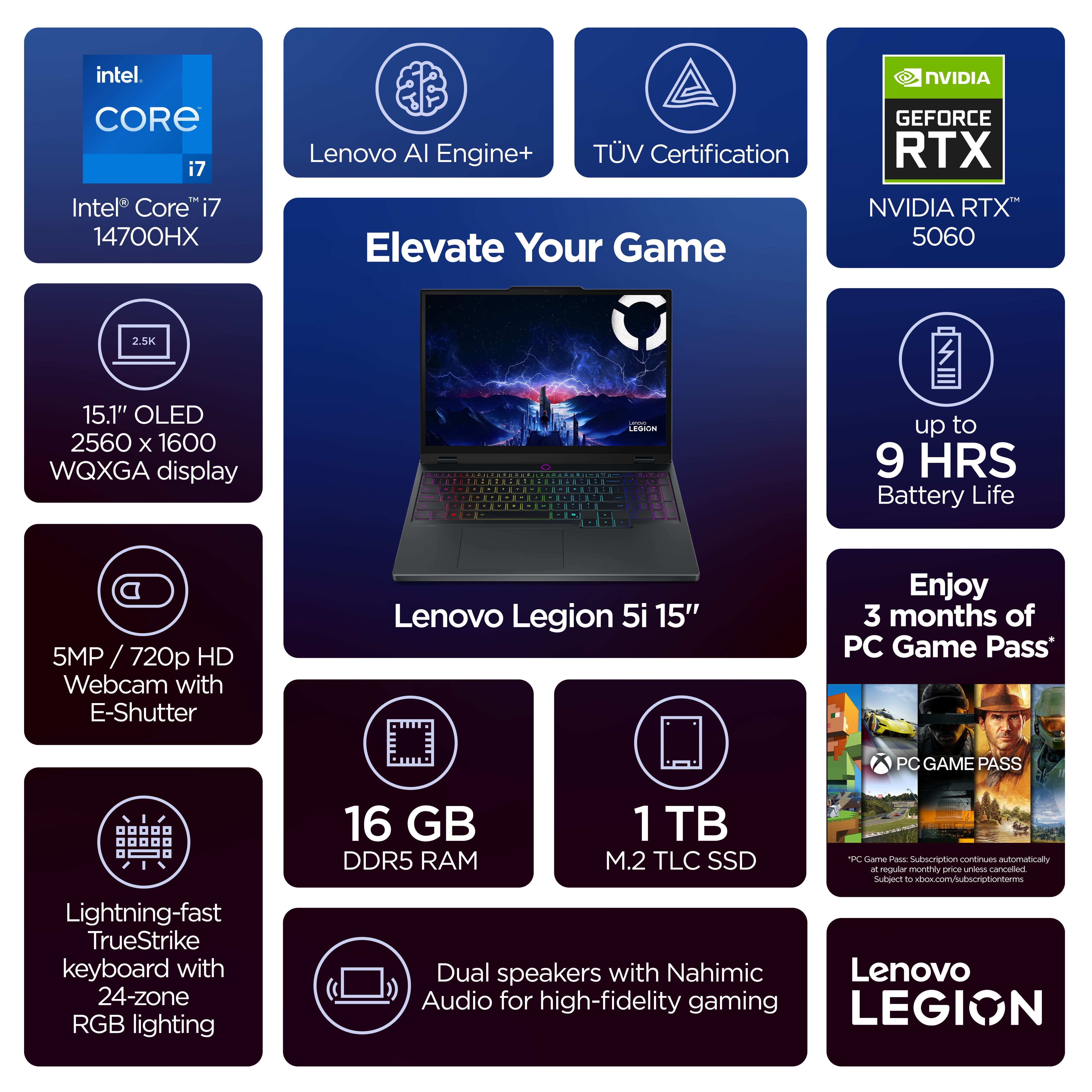 Lenovo Legion 5i 15.1" WQXGA 165Hz Gaming Laptop, Core i7 14700HX, NVIDIA GeForce RTX 5060,16GB, 1TB, 83LY0000US - 3 Months of Microsoft 365 Personal included