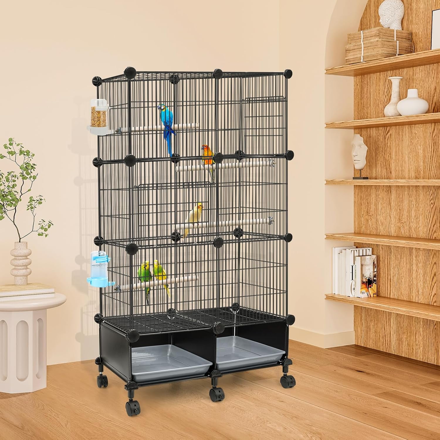 Upgraded Encrypted 46-Inch Bird Cage, with Wooden Perches, Metal Parakeet Cage with Slide-Out Tray, Water Bottle&Feeder, Bird Cages for Parrot,Parakeets,Cockatiel,Lovebird,Small Mid-Sized Birds