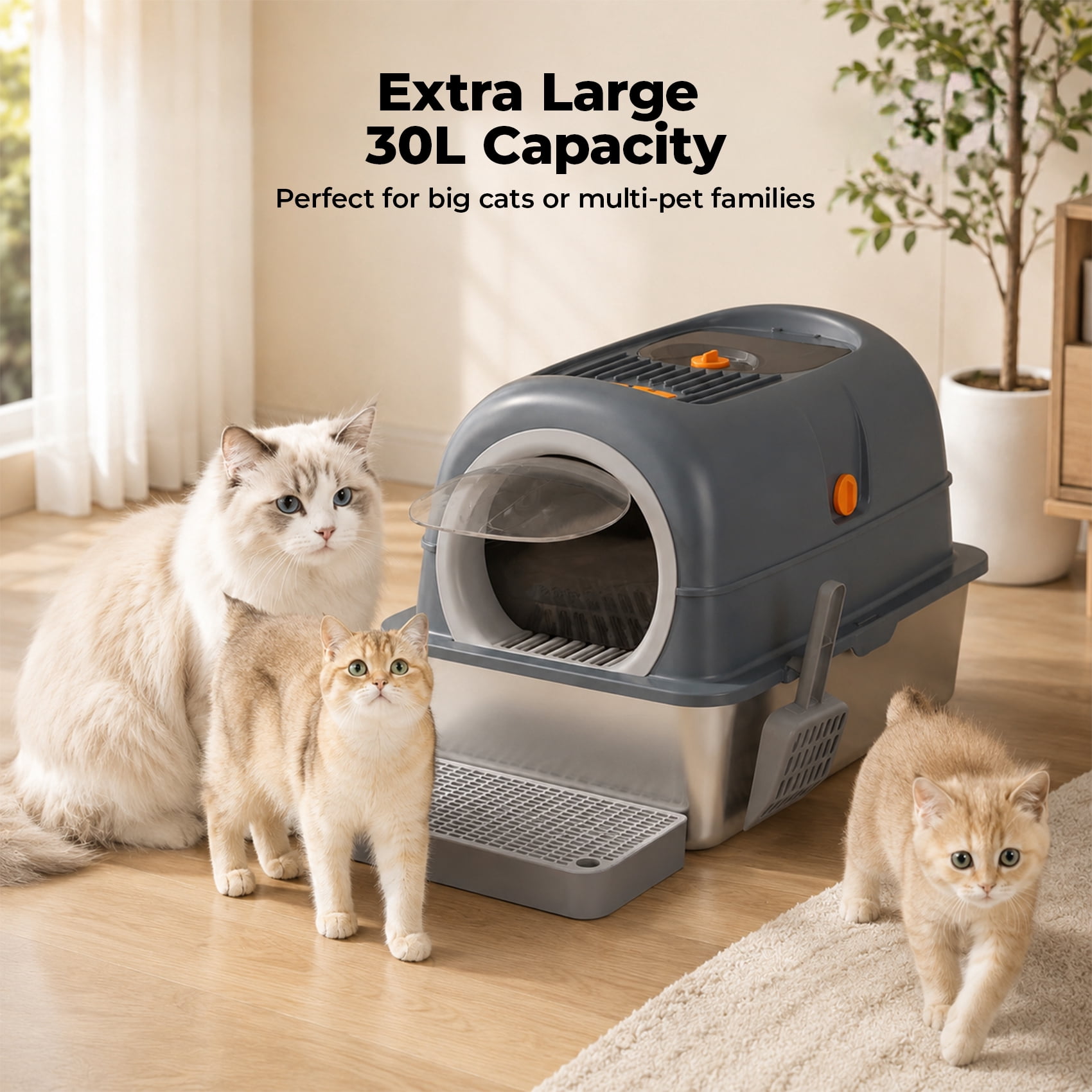 Alvantor Double-Entry Convertible Lid Cat Litter Box, 3-in-1 Stainless Steel Cat Litter Box, 23.62"x15.75"x15.75", Multicolor