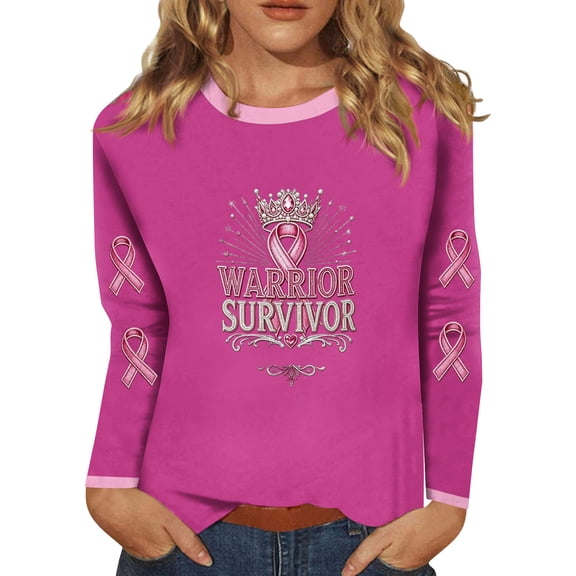 DORKASM Breast Cancer Shirts for Women Crew Neck Cancer Survivor Tshirt Long Sleeve Breast Cancer Awareness Fashion Hope Love Wings Tops Pink Ribbon Casual Tee Hot Pink L