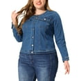 thumbnail image 6 of Agnes Orinda Women's Plus Size Long Sleeves Collarless Car Coat Denim Jacket 1X Light Blue, 6 of 9