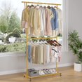 thumbnail image 3 of Double Rod Clothing Garment Rack, Rolling Clothes Organizer on Wheels for Hanging Clothes, Easy to Assemble, Adjustable, Gold, 3 of 8