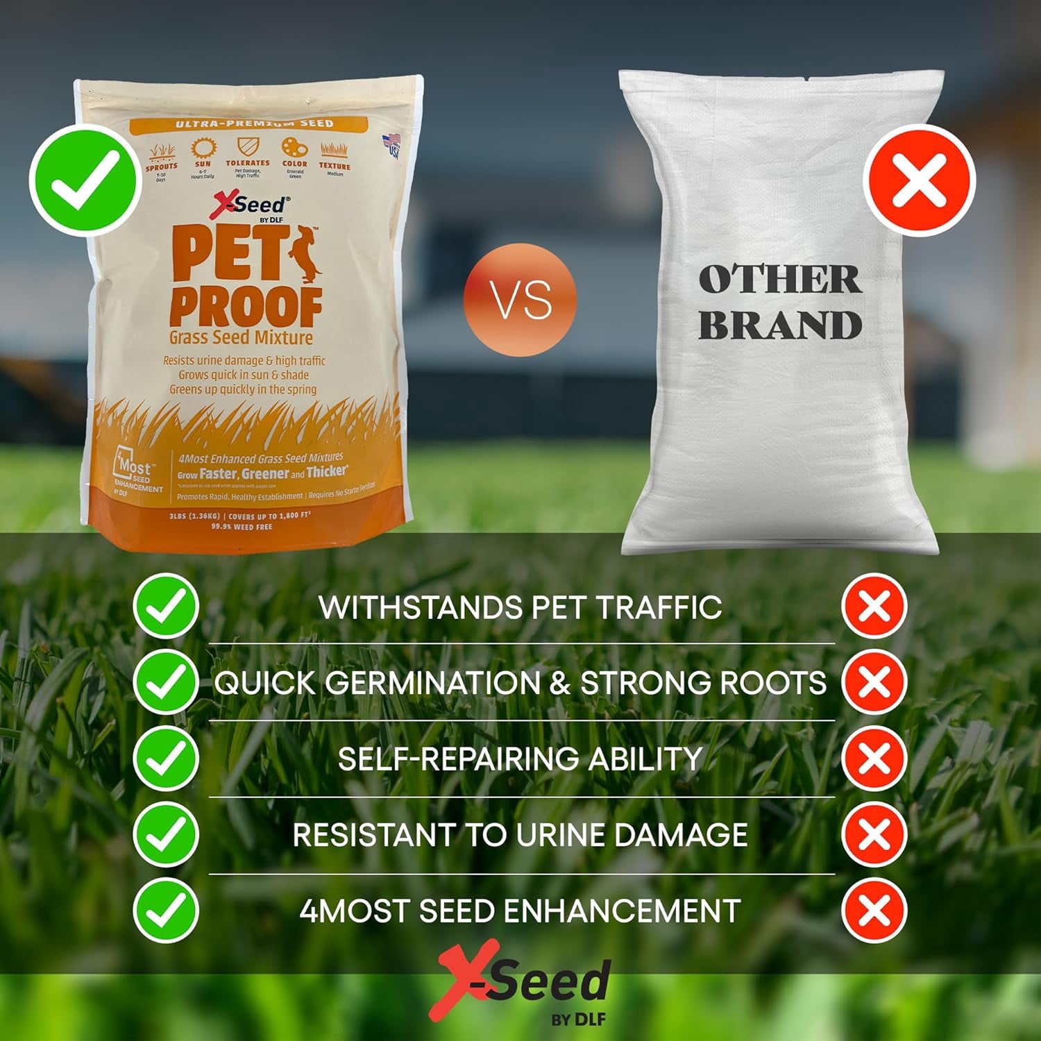 X-Seed Pet Proof Fescue Grass Seed – Dense Lawn for Sun & Shade, Urine Resisitant High Traffic Emerald Green Grass, Rapid Growing In Cool & Sunny Climates,Suited for Dogs – Perennial Blend -3 lb Bag