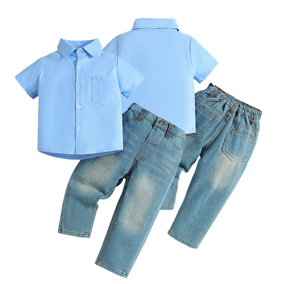 LYMAYTER Toddler Boys 2 Piece Summer Outfit Baby Infant Lapel Dress Shirt Jeans Demin Pants 9M-6T