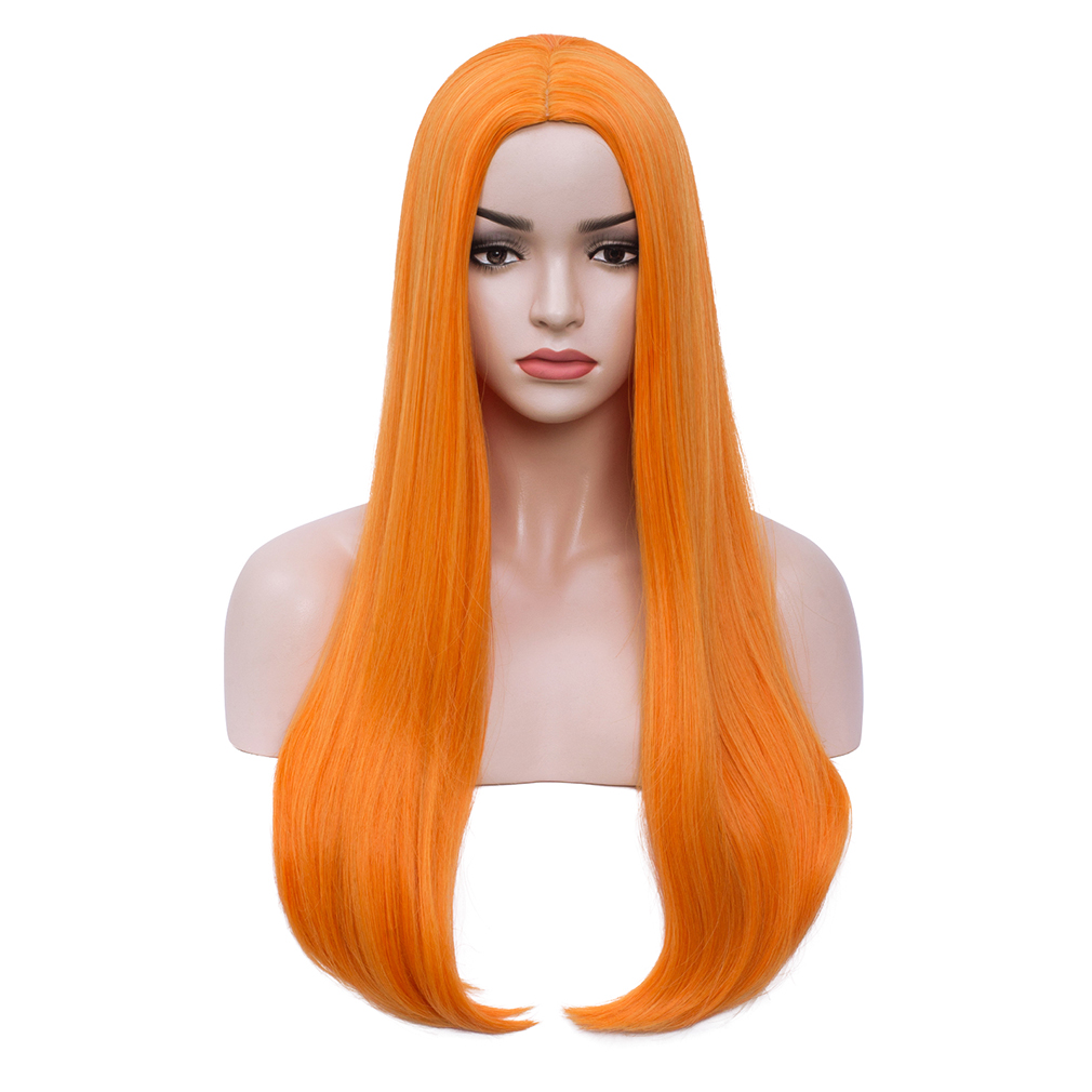 RightOn 26" Orange Wig Long Straight Hair Wig Bright Orange Wig Orange