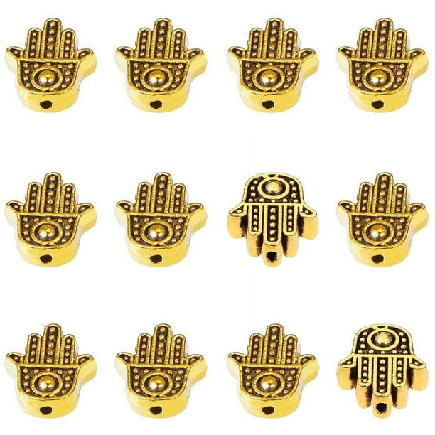 100 cuentas de mano de Hamsa de aleación tibetana, cuentas de mano de Miriam doradas, espaciadores de joyería de mano de Fátima, cuentas espaciadoras sueltas de metal.