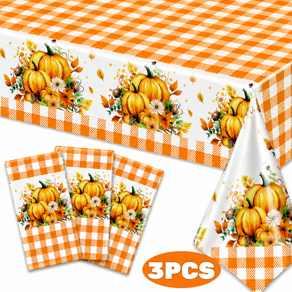 Fall Thanksgiving Tablecloth Party Decoration Autumn Maple Pumpkin Decor Disposable Vinyl Waterproof Table Covers for Fall Party Supplie 54 x 108 inch 3Pcs Design 1