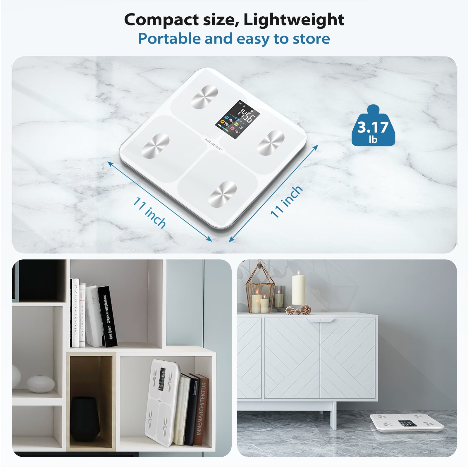 ABLEGRID Smart Digital Bathroom Scale for Body Weight and Fat Percentage Battery Powered, 400lb, White