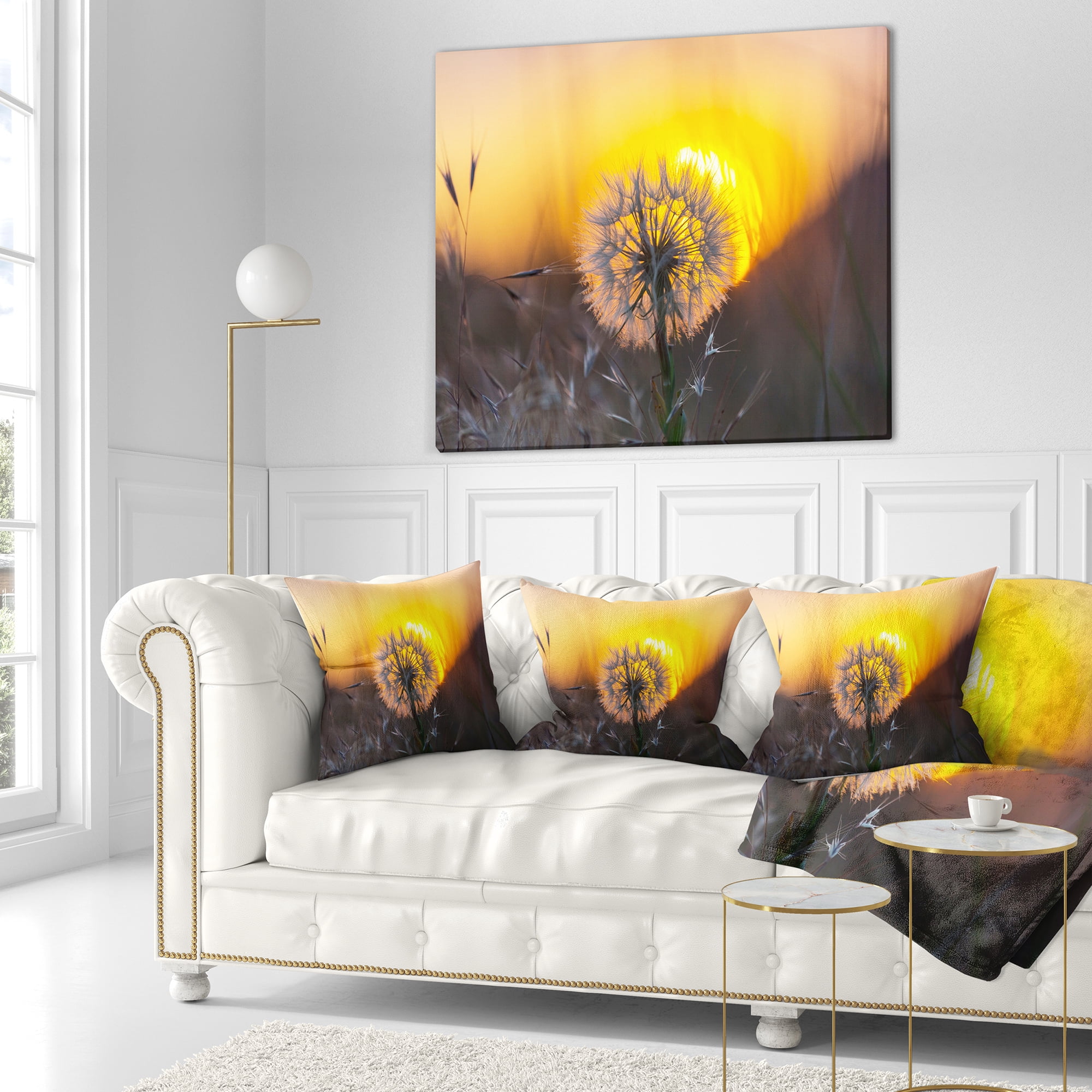 Designart Stunning Dandelion View At Sunset - Floral Throw Pillow - 16x16