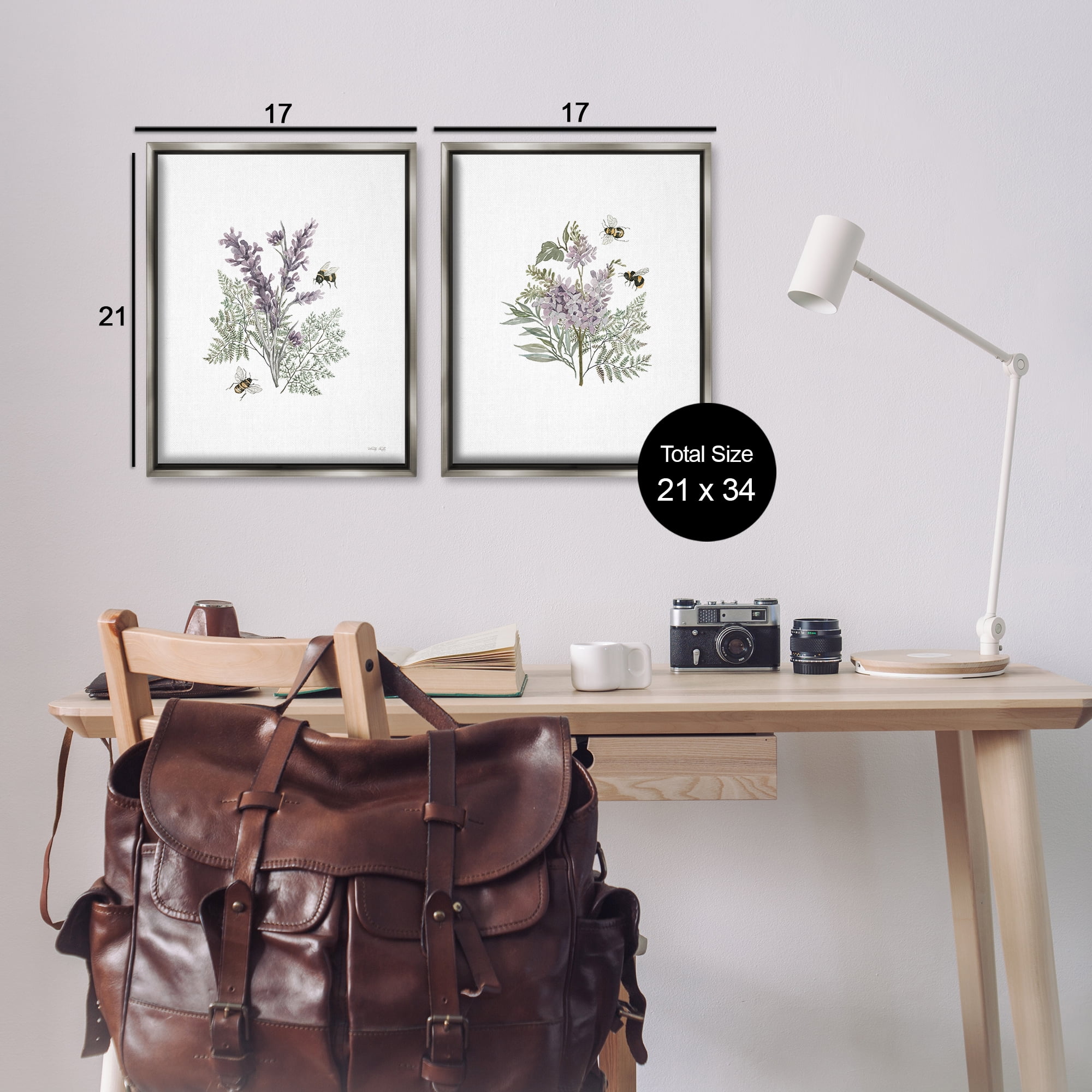 Stupell Industries Purple Floral Ferns Bees Plants & Flowers Painting Gray Floater Framed Canvas Art Print Wall Art, 17 x 21, Set of 2