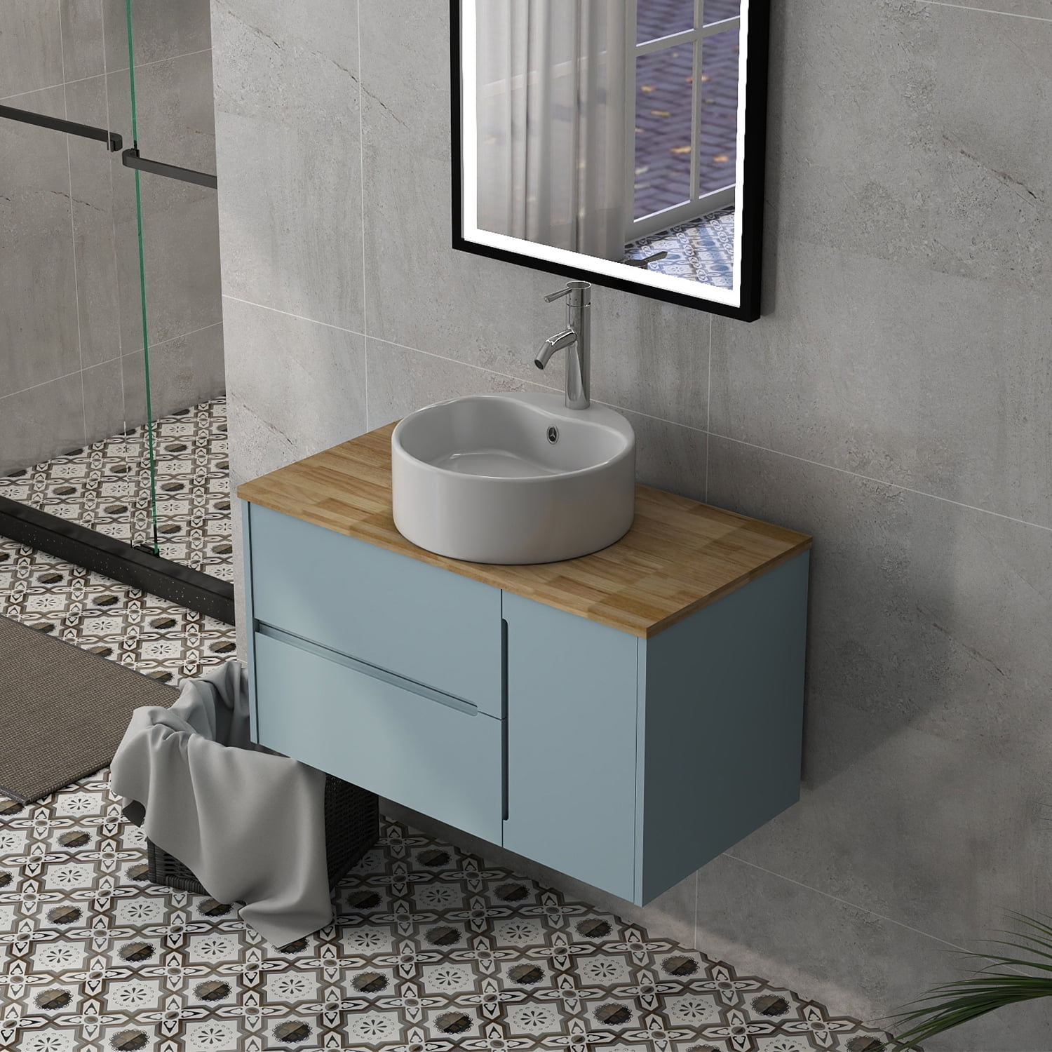 Demi Bonn 35" Single Door Wall Mounted Bathroom Vanities Cabinet with Ceramic Sink, 2 Drawers, Faucets and Drains Not Included, Blue