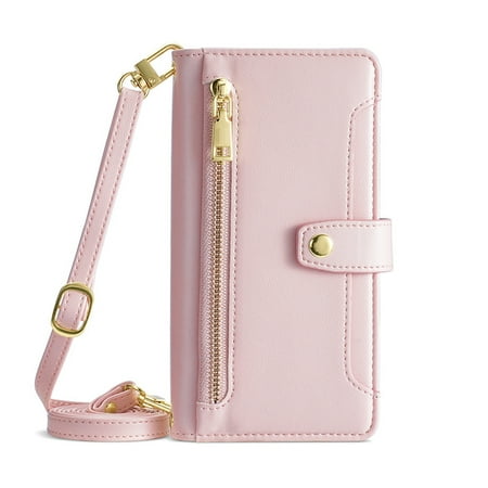 Dteck for Samsung Galaxy S10 Wallet Case Crossbody, Zipper Phone Case with Card Holder Large Capacity Wrist Strap Leather Purse Cover for Women Men for Samsung Galaxy S10,Pink