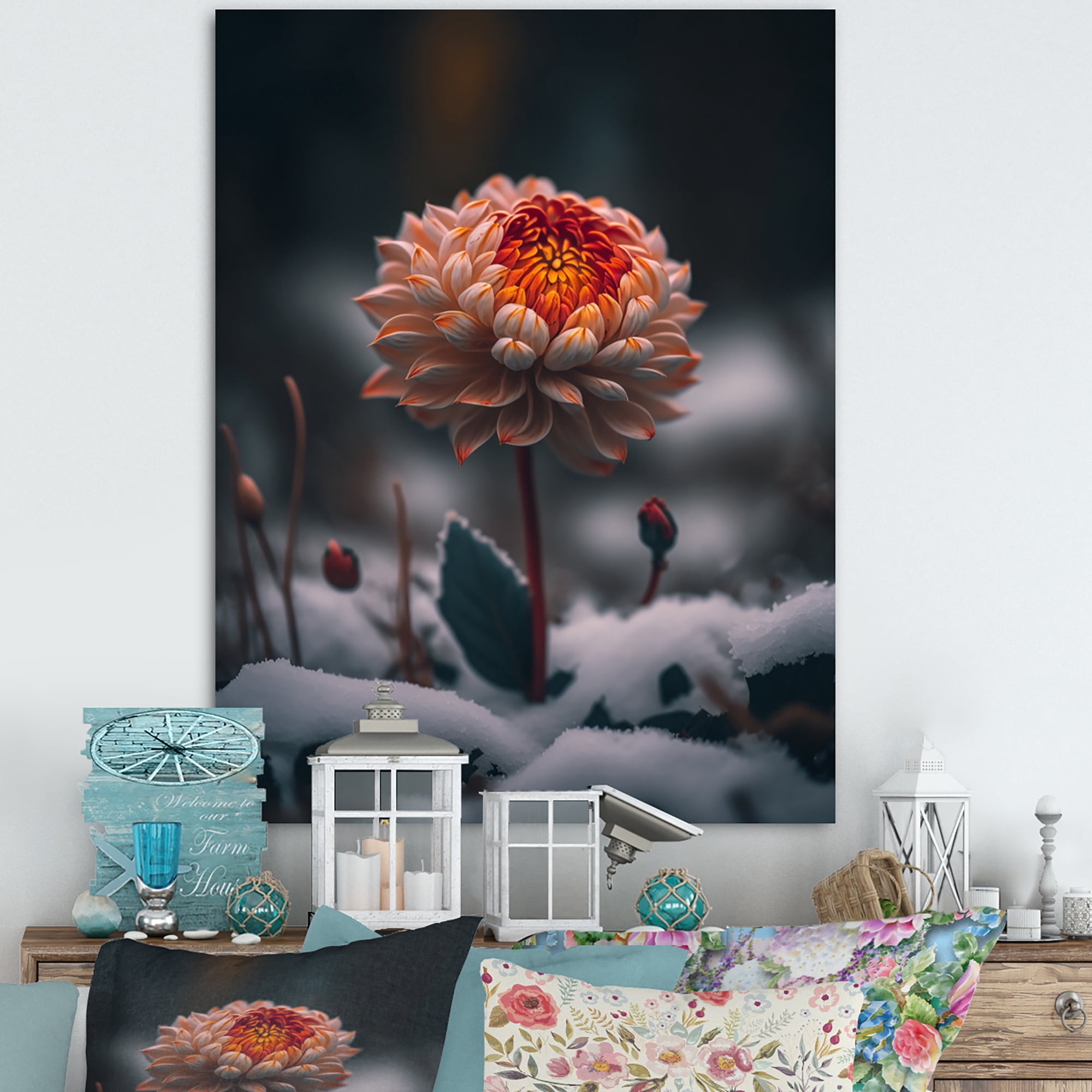 Designart A Blooming Orange Dahlia Flower In Winter I Canvas Wall Art