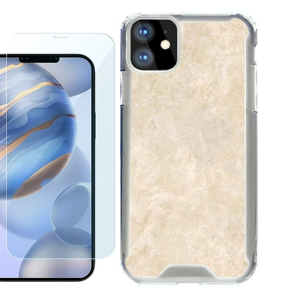 For Apple iPhone 12 Case, iPhone 12 Pro Case, Hybrid Bumper Phone case, with Tempered Glass Screen Protector, by OneToughShield ® - Marble / Latte