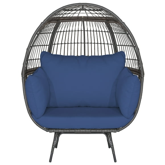 Gymax Patio Rattan Wicker Lounge Chair Oversized Outdoor Metal Frame Egg Chair w/ 4 Cushions Navy