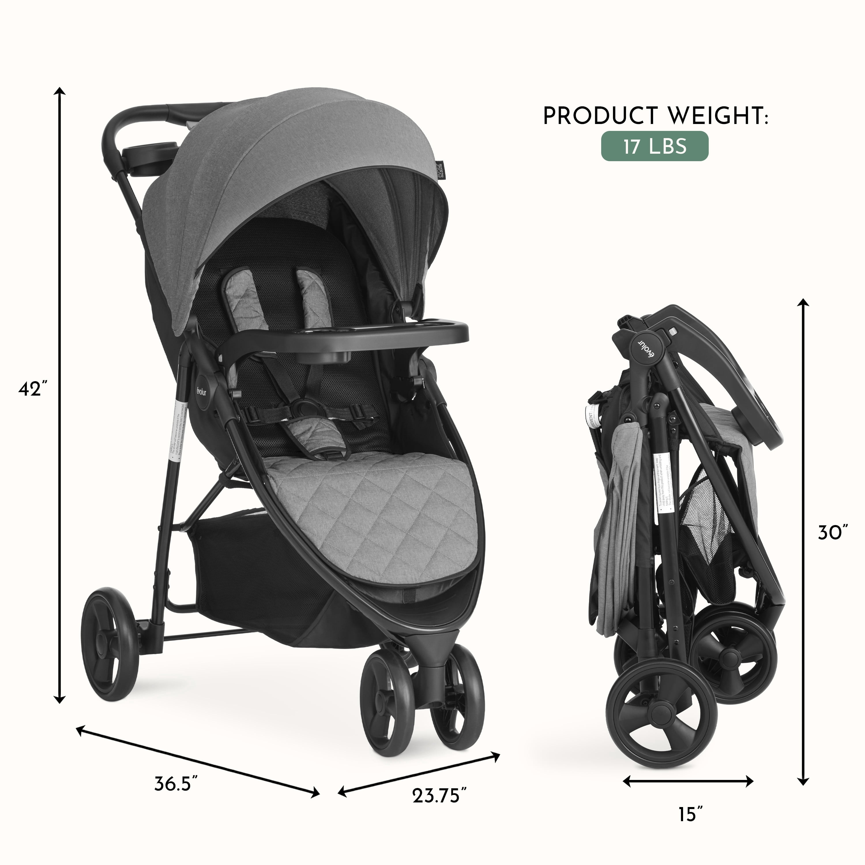Evolur Breeze Lightweight Stroller Adjustable Backrest/Canopy, Storage Basket, Gray