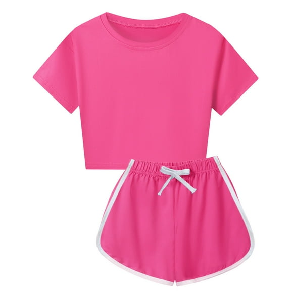 AOMPMSDX Outfits Set For Girls Summer Children Kid Boys Girls Soft Short Sleeve T Shirt Top Blouse And Shorts Casual Two Piece Outfit Set Red 6 Years-7 Years