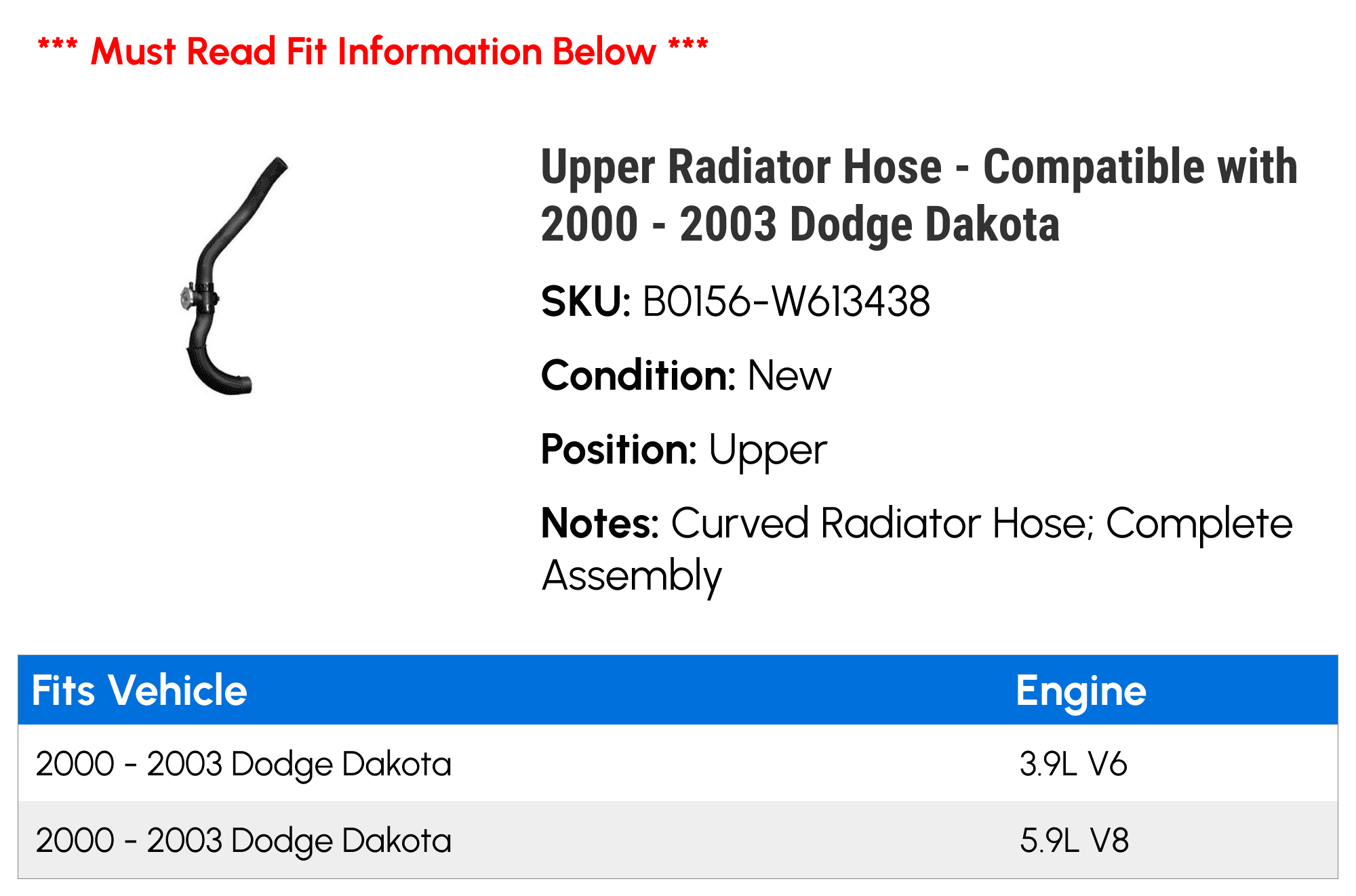 Upper Radiator Hose - Compatible with 2000 - 2003 Dodge Durango 5.9L V8 2001 2002