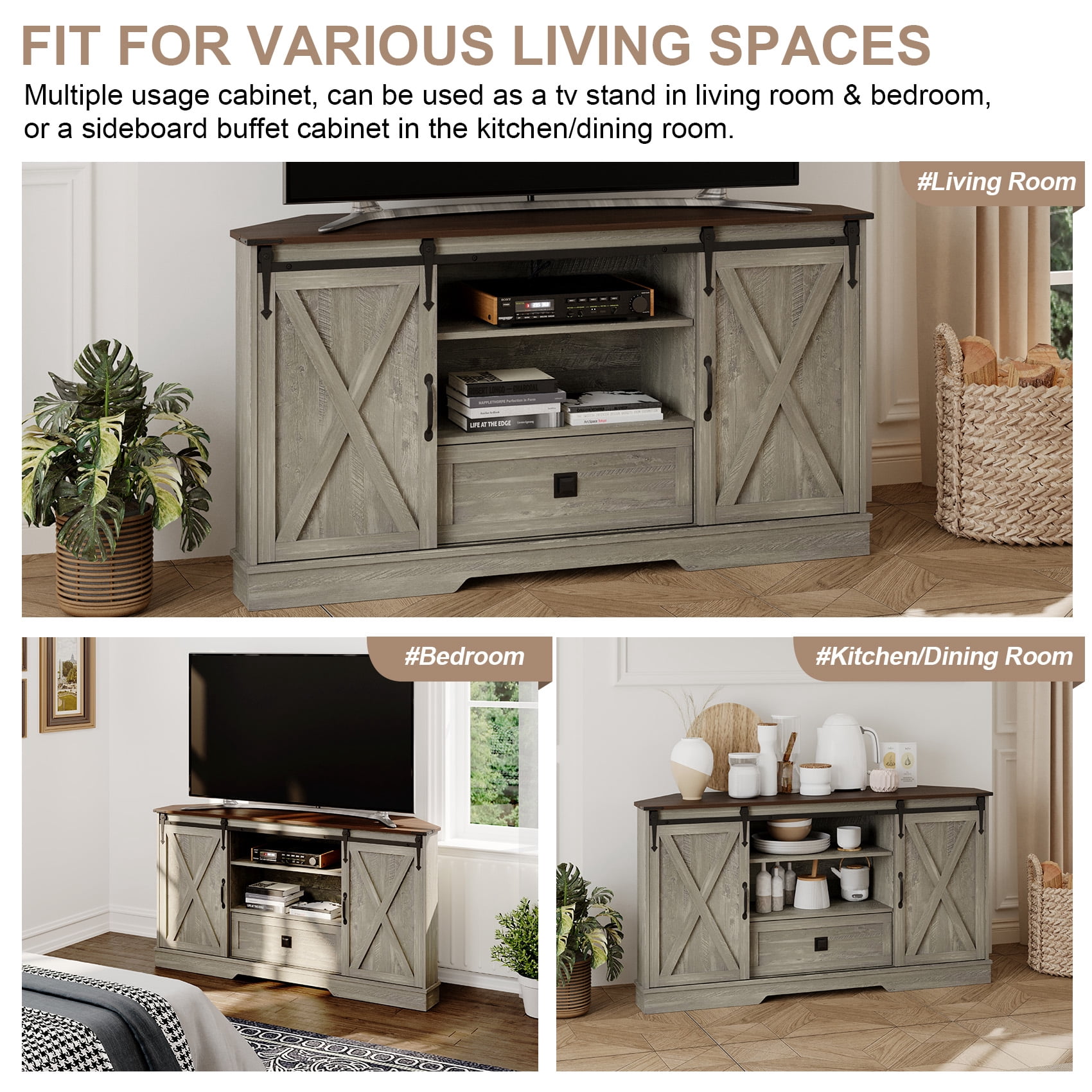 Melidee Farmhouse Television Stand for 65 Inch TV with Sliding Barn Door, Engineered Wood, Gray, 58" W x 15.7" D x 31" H