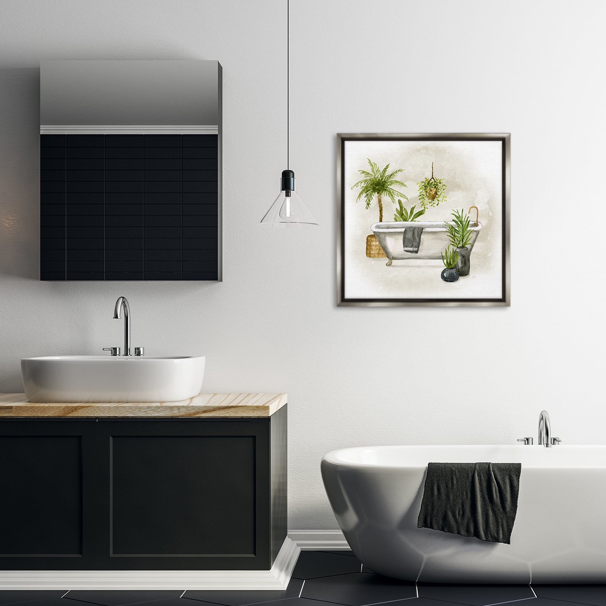 Stupell Industries Plant Filled Bathroom Bath & Laundry Painting Gray Floater Framed Canvas Art Print Wall Art, 25 x 25