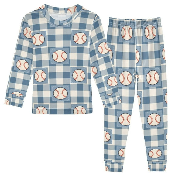 joogoo Baseball Checkered 2 Piece Long Sleeve Tee and Pants Cotton Pajama Set 5Y