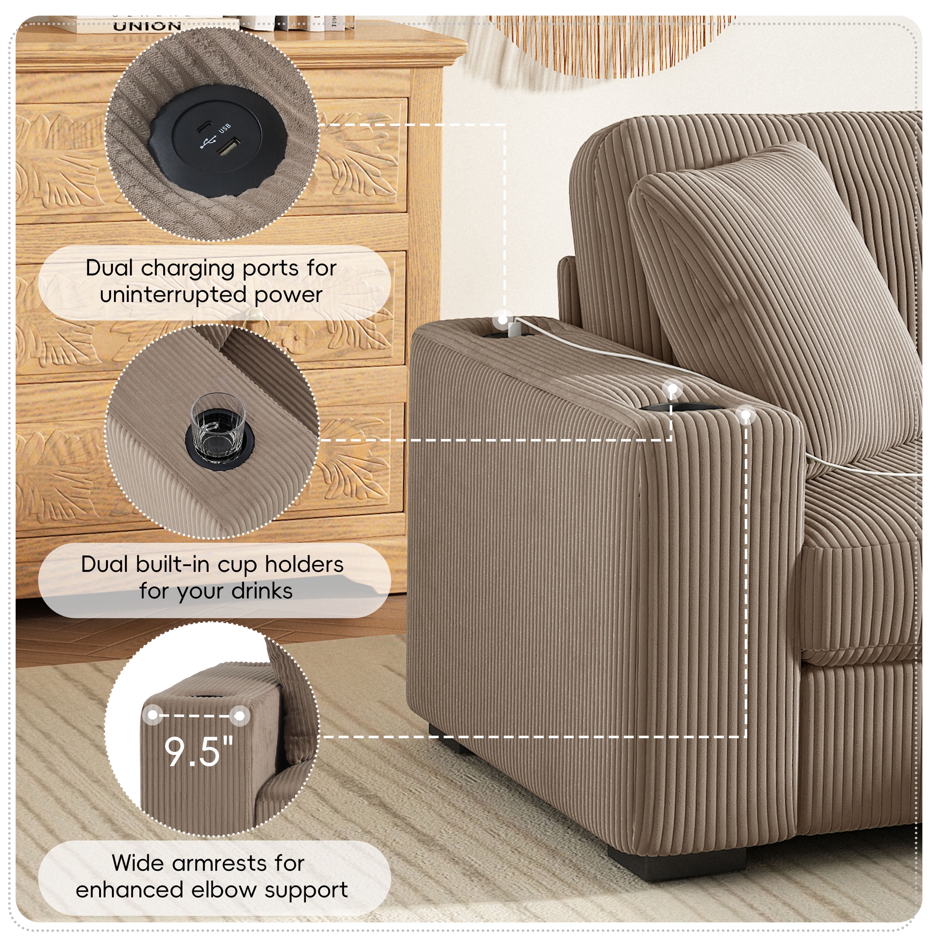 GARITIN L Shaped Sectional Sofa 86.5 Inch, Corduroy Upholstered Couch with Cup Holders and Charging Ports for Living Room, Khaki