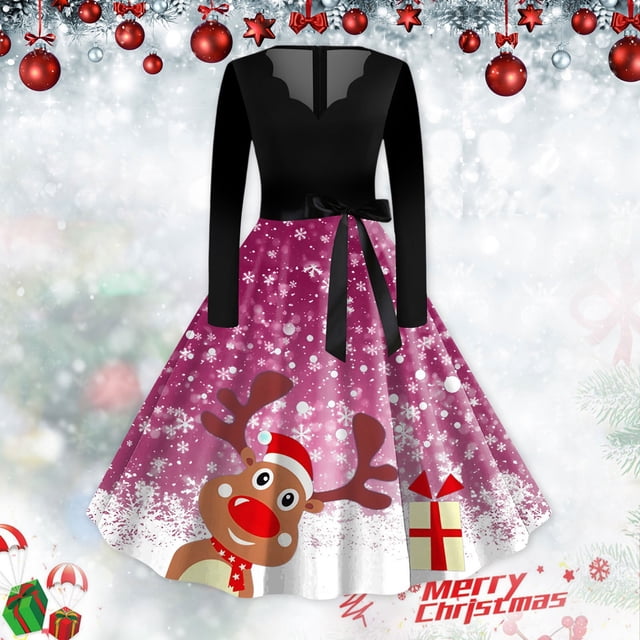 WILLBEST Asiago Robe pour Femme à Col Rond à Manches Longues Imprimée Vintage Robe S Robe de Bal Robe de Fête Noël