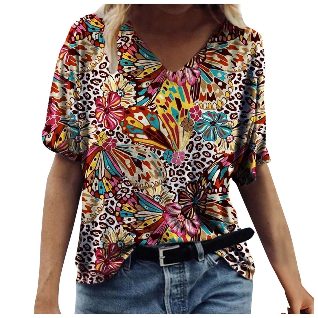 Ichuanyi Trendy Floral TShirt Women's Summer Short Sleeve Tunic Tops V