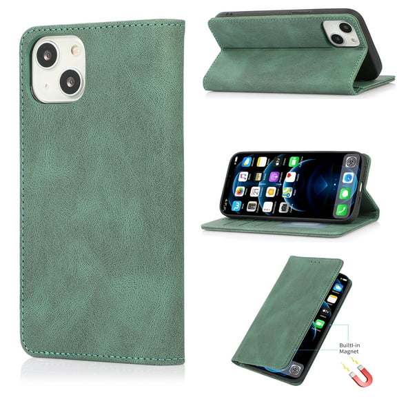 SaniMore Wallet Case for iPhone 14 6.1" 2022, Magnetic Folio PU Leather Cover Bracket Card Slots Cash Pocket All-around Protective Shockproof Anti-fall Business Shell For iPhone 14, Green