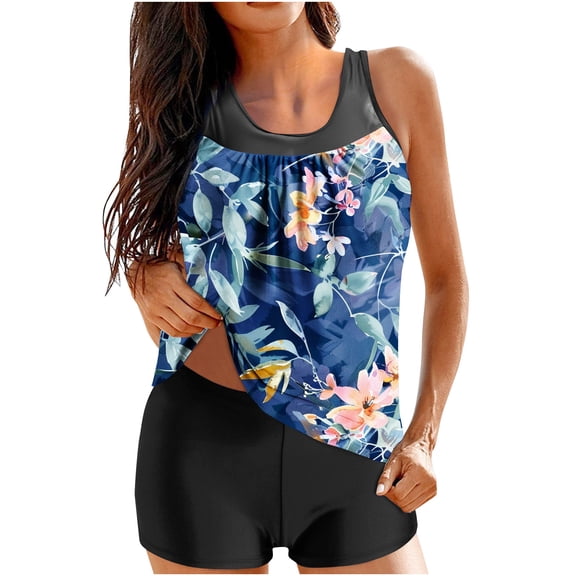FAVIPT Women's Bathing Suits Tankinis Two Piece Tummy Control Summer 2025 Swimsuits Boho Vintage Floral Print Tank Tops with Boyshorts Vacation Swimwear Multicolor,M