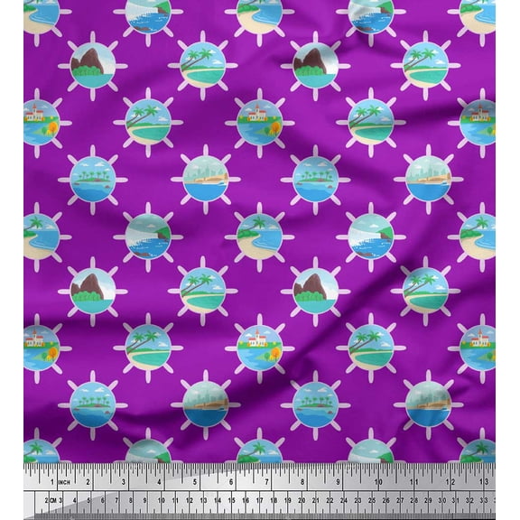 Soimoi Purple Poly Georgette Fabric House,Tree & River Nature Print Fabric by Yard 42 Inch Wide