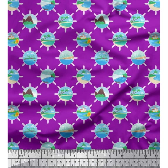 Soimoi Purple Rayon Fabric House,Tree & River Nature Fabric Prints By Yard 56 Inch Wide