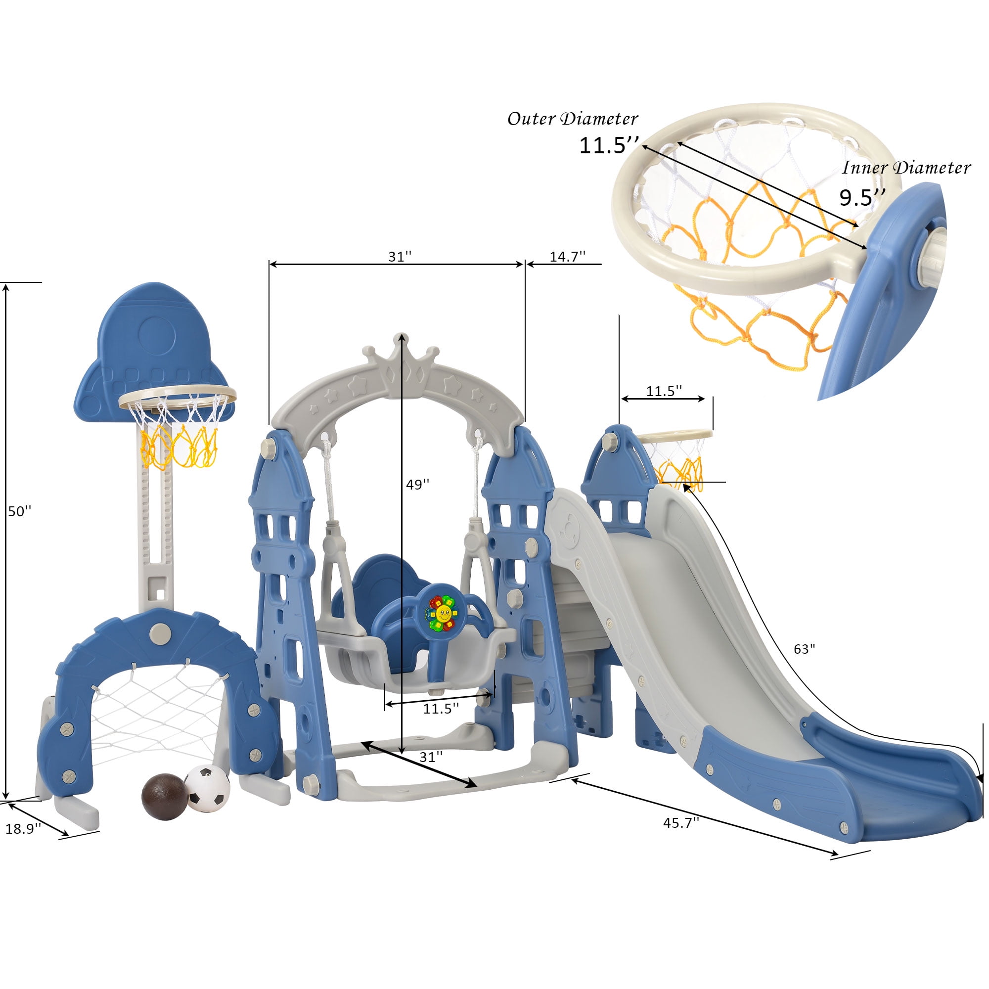 EUROCO 6 in 1 Toddle and Swing Set with Adjustable Swing and Slide Height, Rocket Swing Set with Basketball Stand