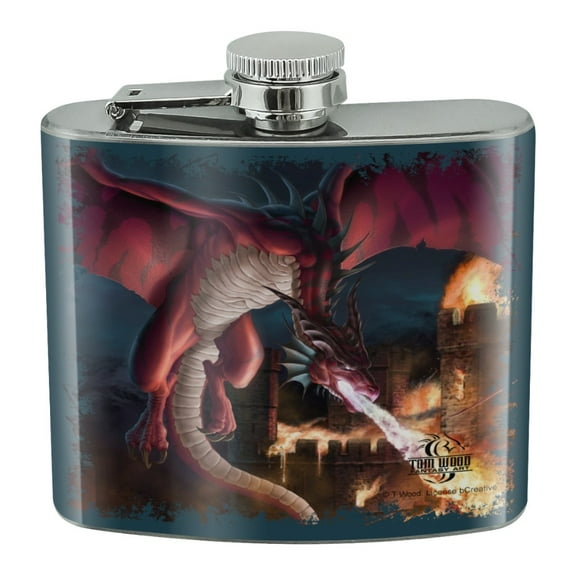 Fire Breathing Red Dragon Castle Fantasy Stainless Steel 5oz Hip Drink Kidney Flask