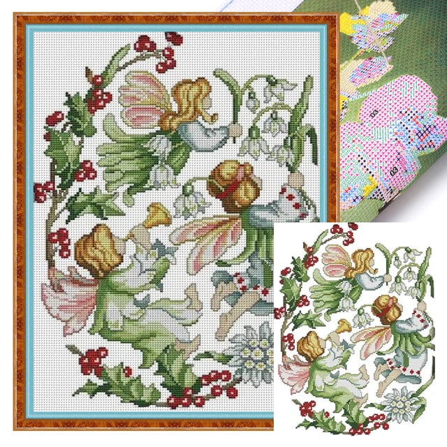 Hilo Algodón Bordado 14CT Punto Cruz Impreso Hada Las Flores Diciembre 31x41cm