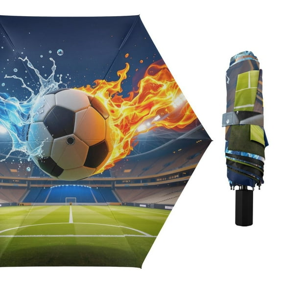 Water Flame Football on Stadium All Weather Umbrella Triple Folding Parasol 6 Ribs UV Protection Portable