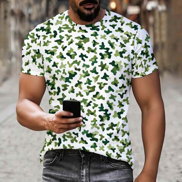 Ceisia Men's Slim Fit White & Green Speckled Camouflage Print Crew Neck Short Sleeve Casual T-Shirt Gifts