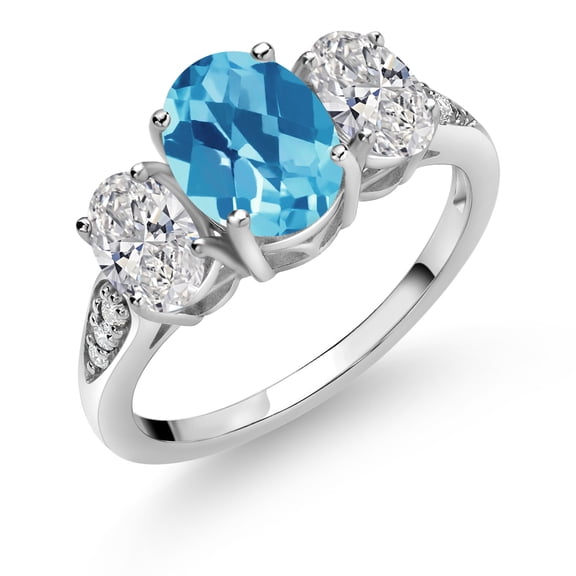 Gem Stone King 10K White Gold Swiss Blue Topaz, White Lab Grown Diamond Engagement Ring for Women | 2.14 Cttw | Oval Checkerboard 8X6MM | Gemstone November Birthstone | Size 7