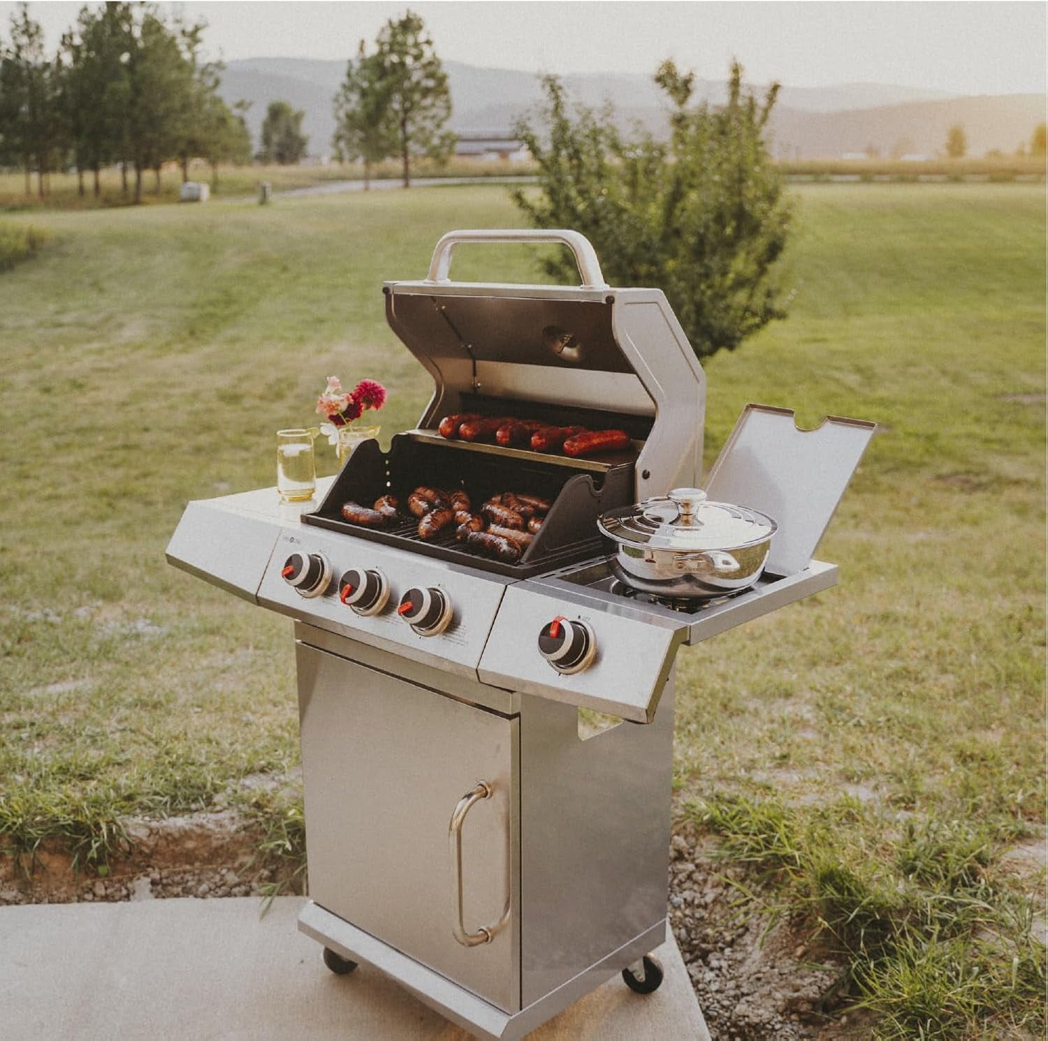 GasOne Deluxe 3 Burner Stainless Steel– Outdoor Cabinet Style with Side Burner - Wheels