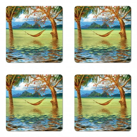 

Beach Coaster Set of 4 Image of Hammock Hanging Between Trees in the Tropical Lake Paradise Lands Art Work Square Hardboard Gloss Coasters Standard Size Multicolor by Ambesonne