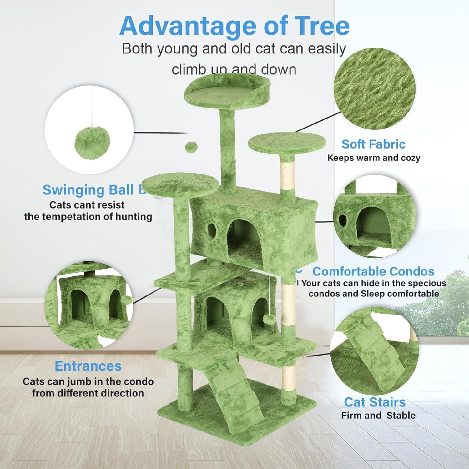 FDW Green 54in Cat Tree Tower with Scratch Posts Condo and Toys for Active Cats