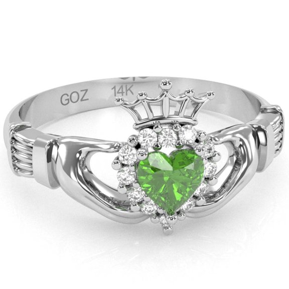 Claddagh Peridot Diamond Ring In Solid 14k White Gold