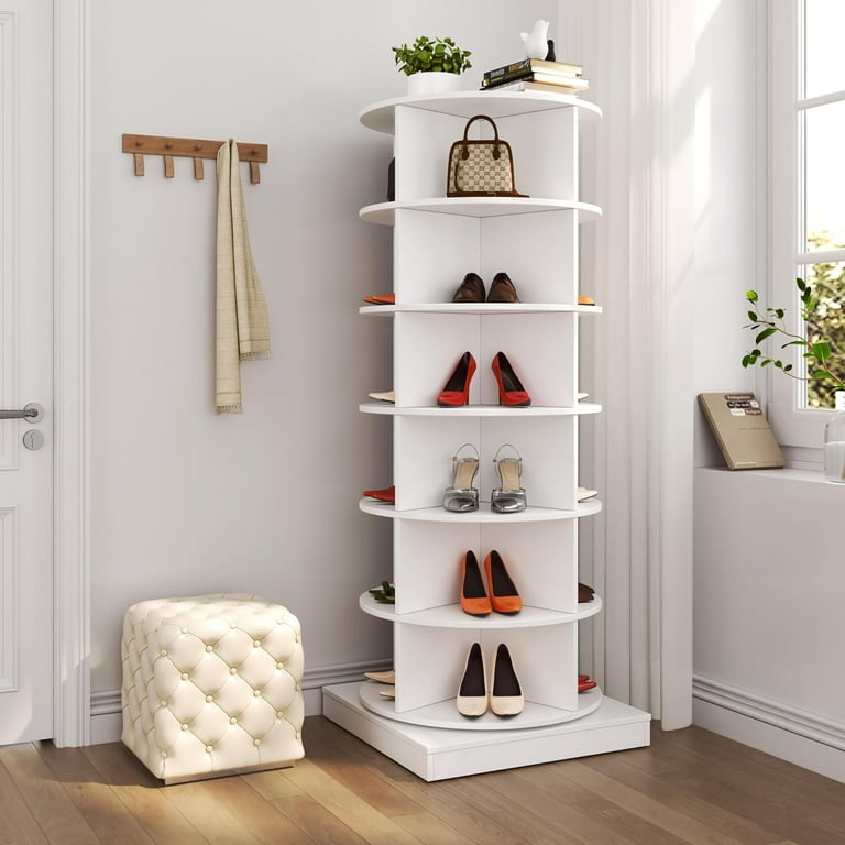 6 Tier Rotating Shoe Rack 360 Spinning Shoe Rack Tower Free Standing Rotating Vertical Shoe Rack Hold Over 28 Pairs Revolving Shoe Storage Organizer Shoe Rack for Living Room Hallway 6 Tier White Walm...