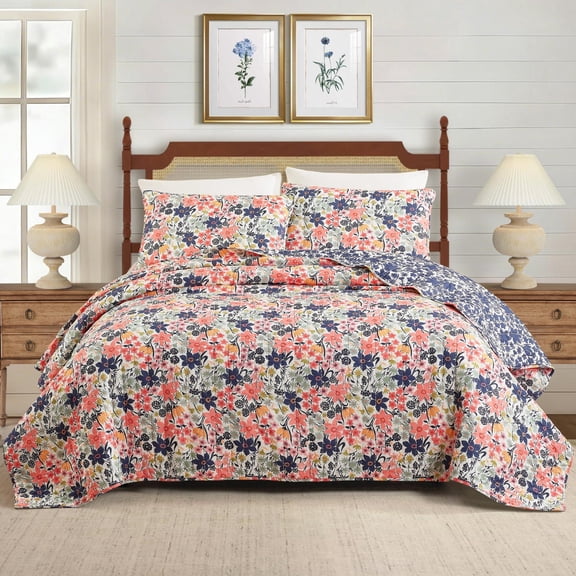 Spartina 449 Marsh Hens 3-Piece Floral Cotton Quilt Set, Full/Queen