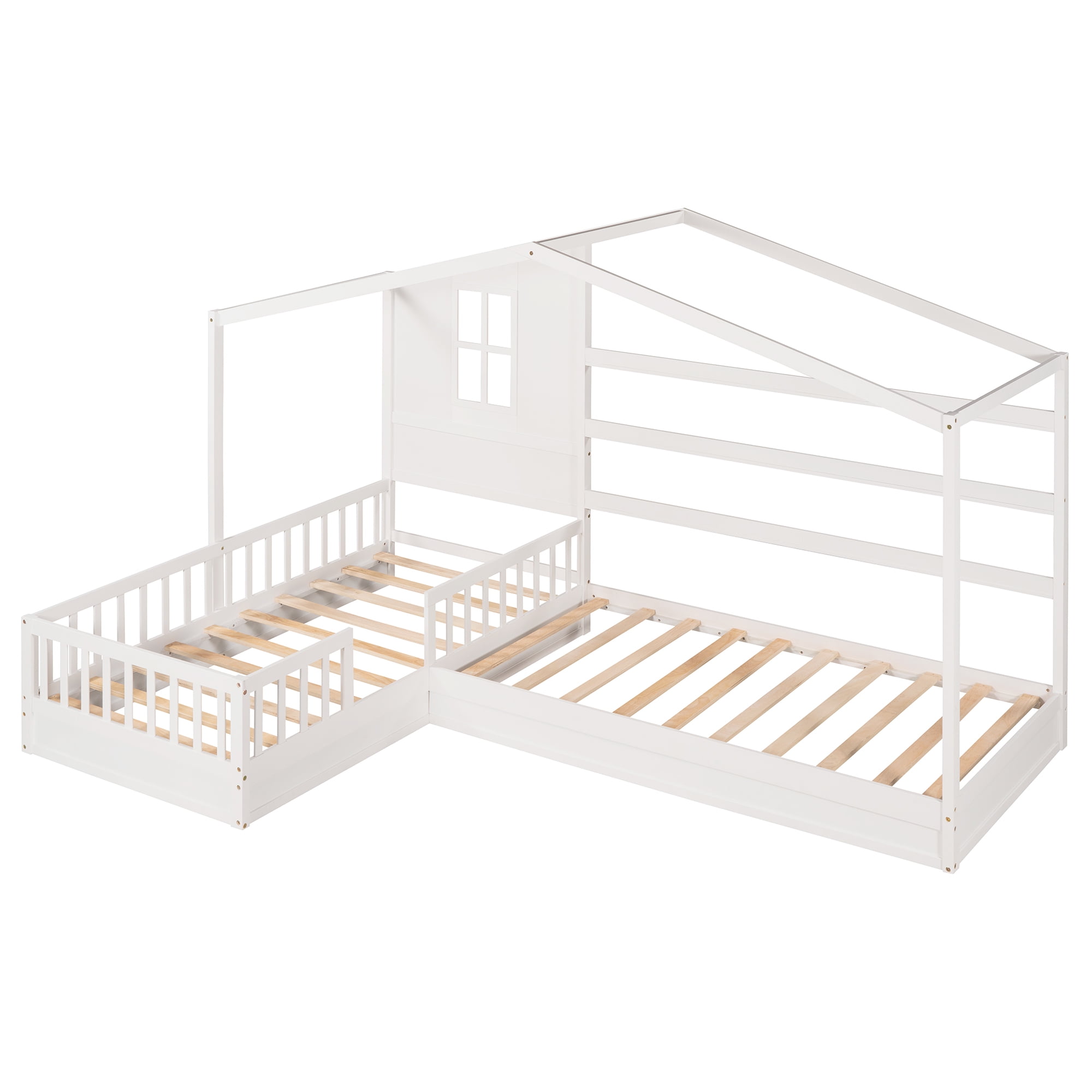 Bellemave House Beds for 2 , Wood L-Shape Twin Bed Frame with Roof and Fence Railings, Double Twin Size Montessori Bed Frame No Box Spring Needed (White)