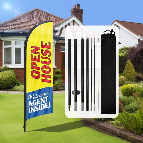 QSUM Open House Feather Flag with Flag Pole Kit and Ground Spike, 7FT Open House Windless Flag Banner Sign Business for Welcome Agent Inside Outdoor Advertising Sign Decoration Display（Yellow）