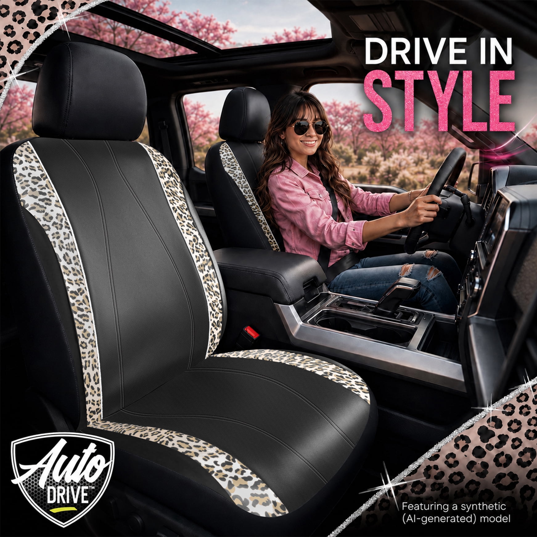 Auto Drive Car Seat Covers , Fashion Seat Covers,Leopard Print & Rhinestone Trim Front Seat Covers, Universal Fit, Airbag Compatible for Cars, SUVs and Trucks,Brown