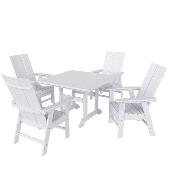 WestinTrends Ashore 5 Pieces Adirondack Patio Dining Set, All Weather Poly Lumber Slatted Modern Farmhouse Outdoor Furniture Set, 43" Trestle Square Table and 4 Adirondack Dining Chair, White